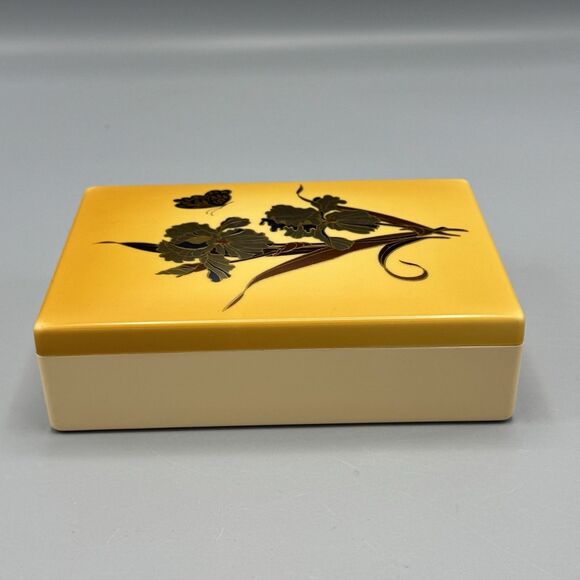 Plastic Celluloid Vanity Trinket Box Rectangle Yellow Irises Butterfly Kitschy - Picture 5 of 11